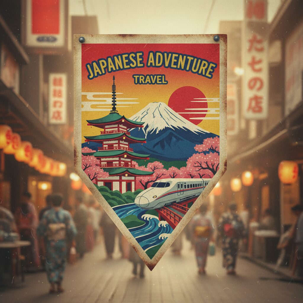 昭和時代の観光地のお土産ペナント、富士山と寺院のイラスト