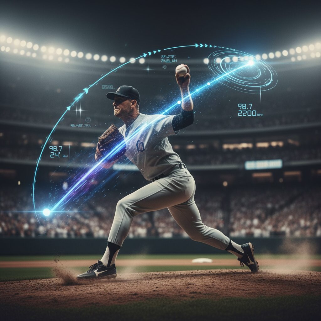 AIによるデータ解析で、158km/hの球速と2750回転を記録した江川卓のストレートの軌道を示すイメージ。