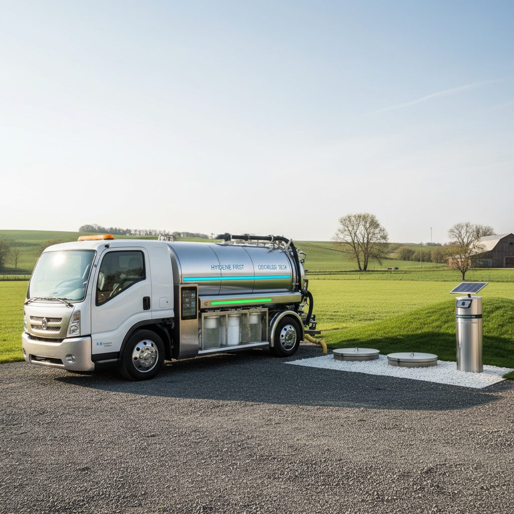 現代のバキュームカーと浄化槽が清潔に保たれている様子