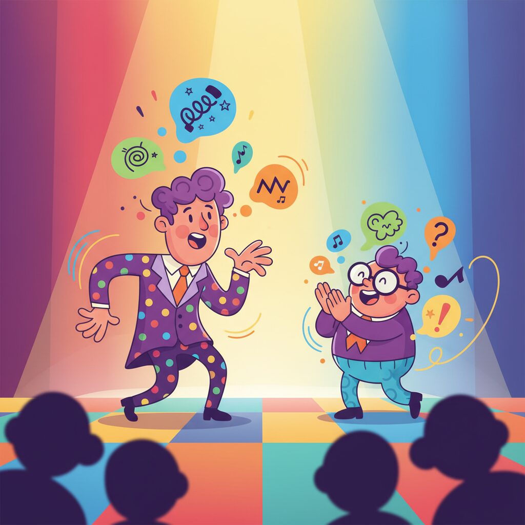 お笑いコンビ滝音のさすけが発する独特の造語「ベイビーワード」のイメージイラスト。言葉遊びの楽しさと斬新さを表現。