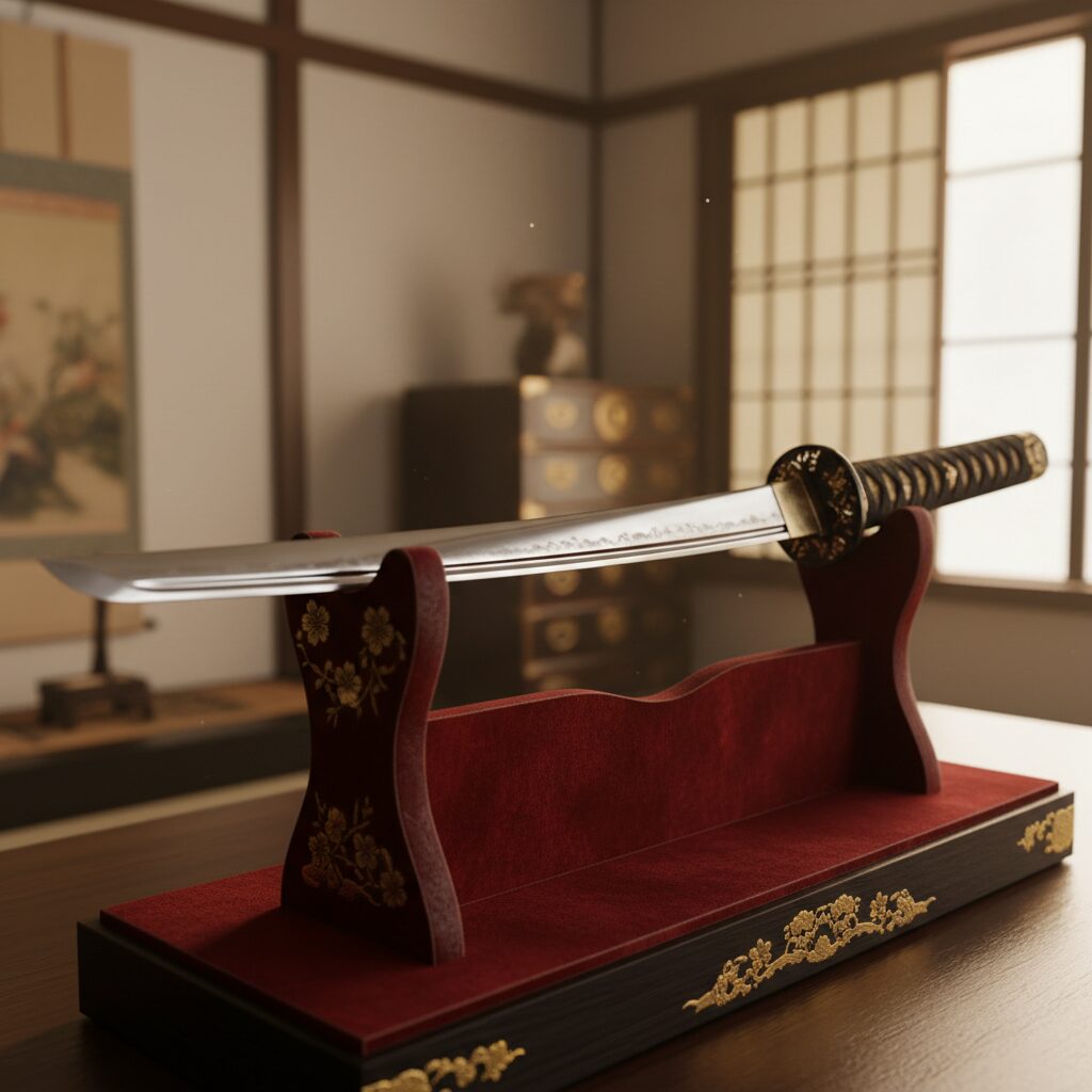 伝統的な台座に飾られた日本刀「蜂須賀虎徹」の美しい姿。刃紋が際立ち、背景には歴史的な日本家屋を思わせる空間が広がる。