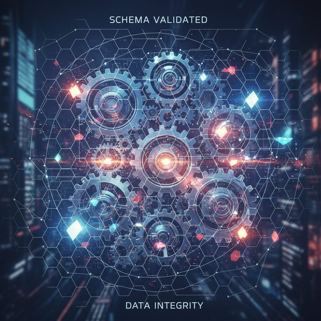 An intricate digital illustration showing data structures being validated against a complex, glowing schematic, with a focus on precision and correctness.