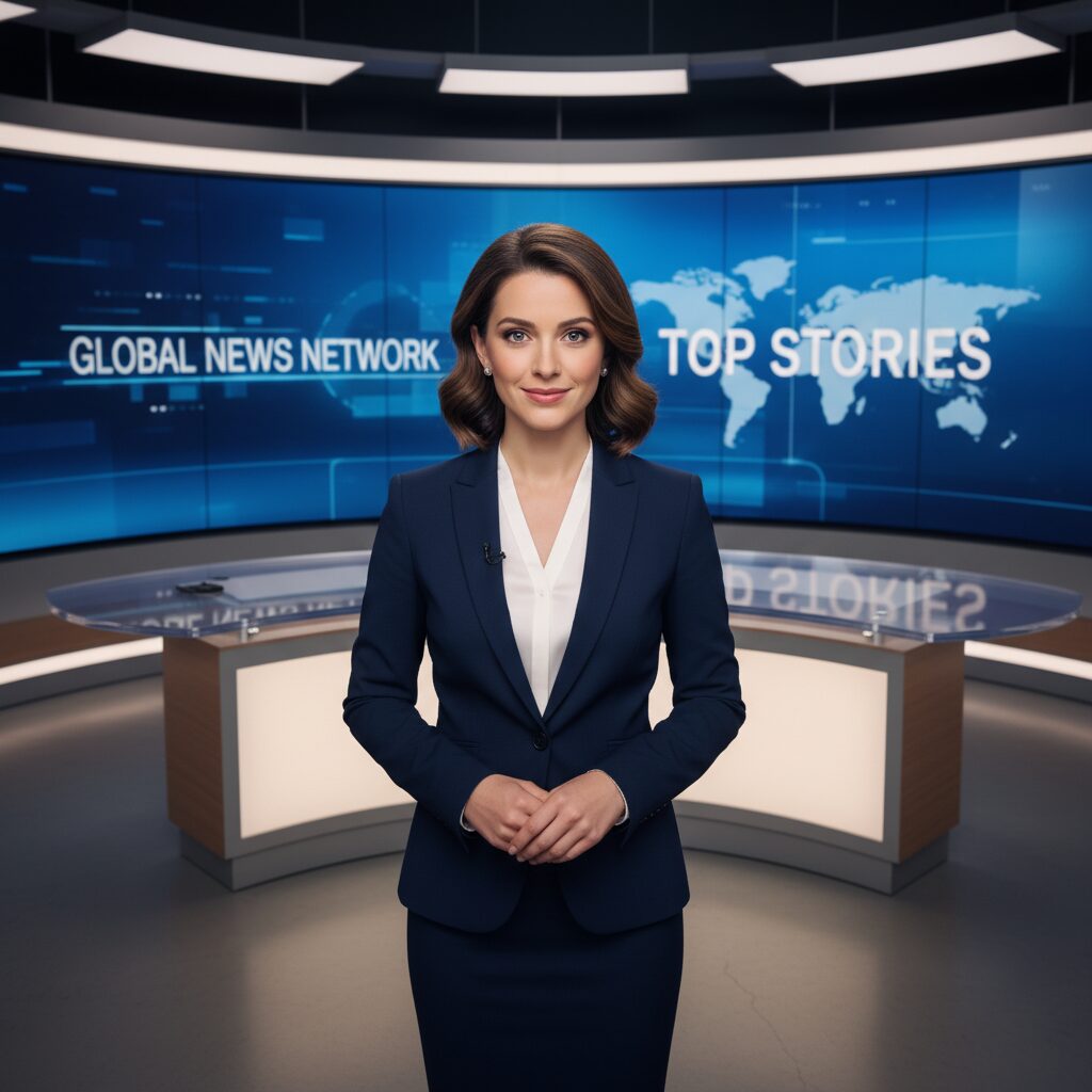 ニューススタジオで自信を持って立つ女性アナウンサー