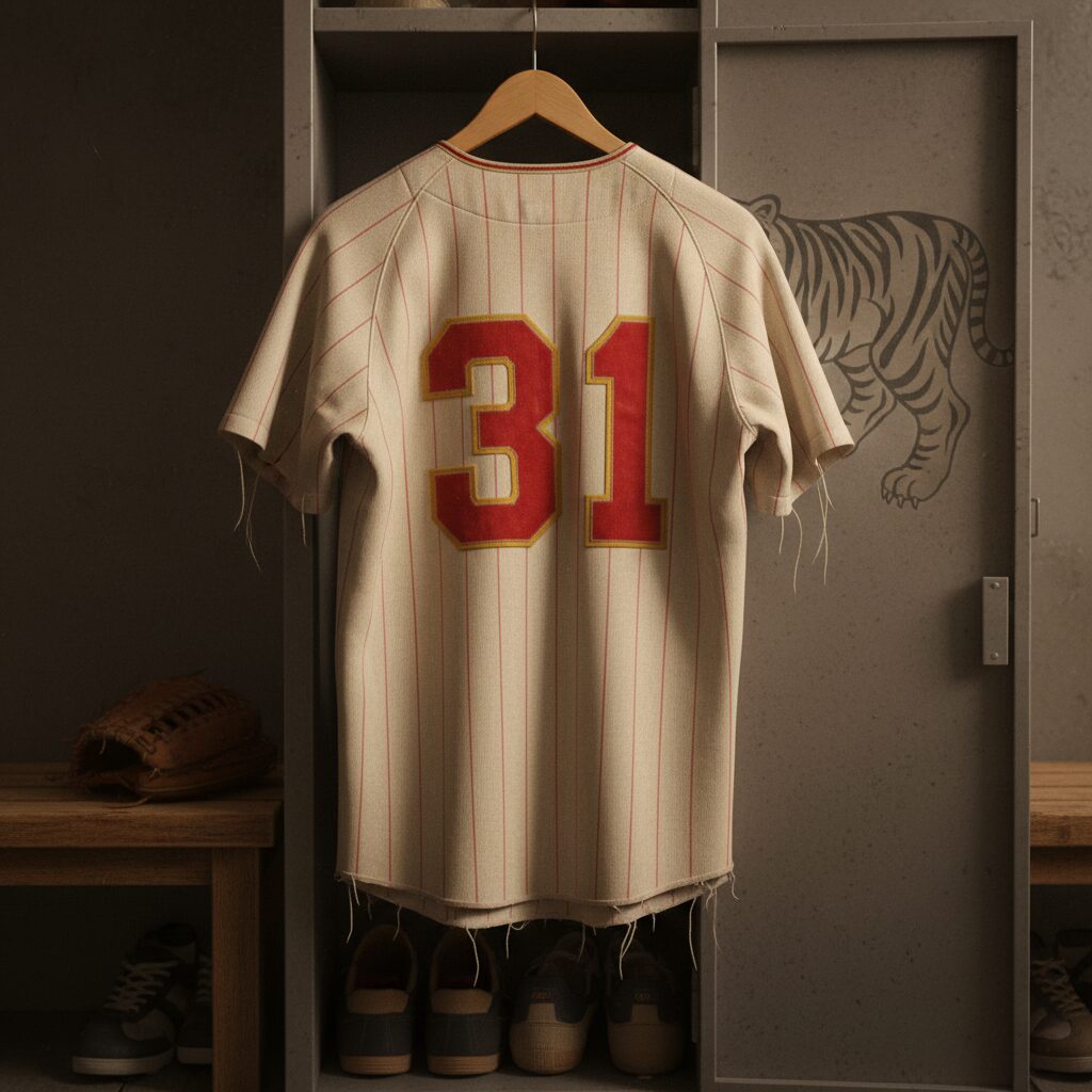 阪神タイガースのレジェンド、掛布雅之氏の背番号31が描かれた野球のユニフォーム。歴史と重みを感じさせる一枚。