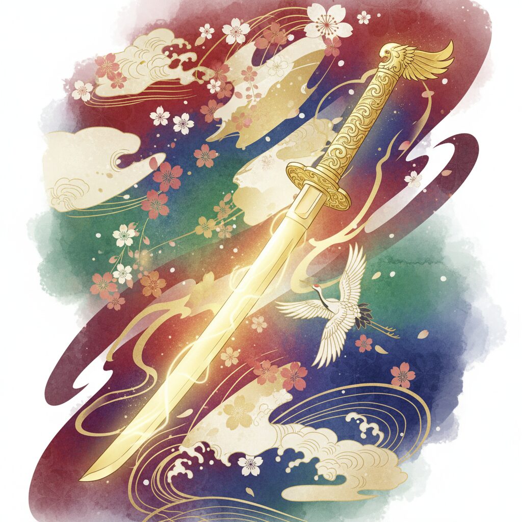 輝く刀剣と優雅な背景、蜂須賀虎徹のキャラクター性を象徴