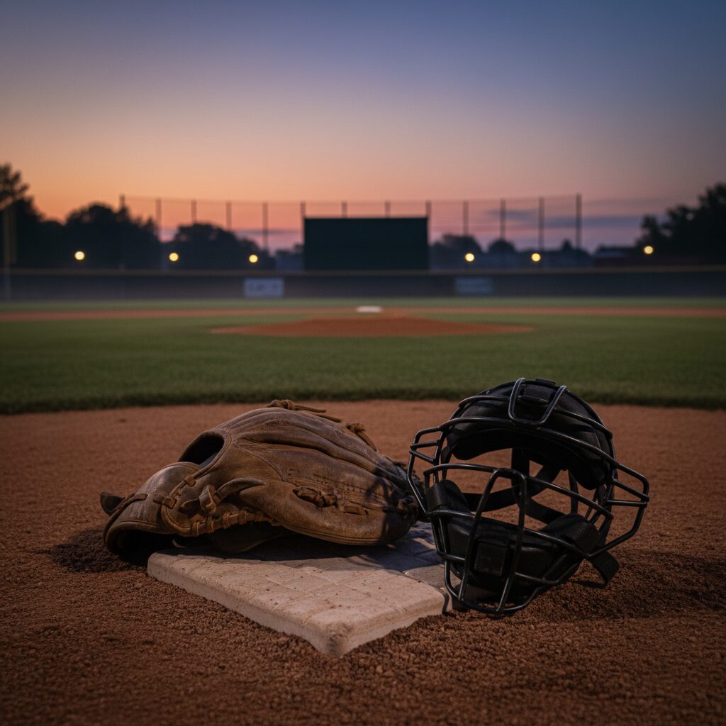 夕暮れの野球場に置かれたキャッチャーミットとマスク。野村克也氏の功績を偲ぶ象徴的な光景。