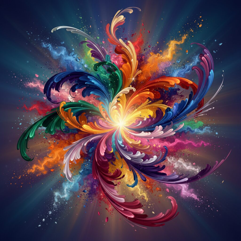 色鮮やかなメイク道具と、自由な自己表現を象徴するアートワーク