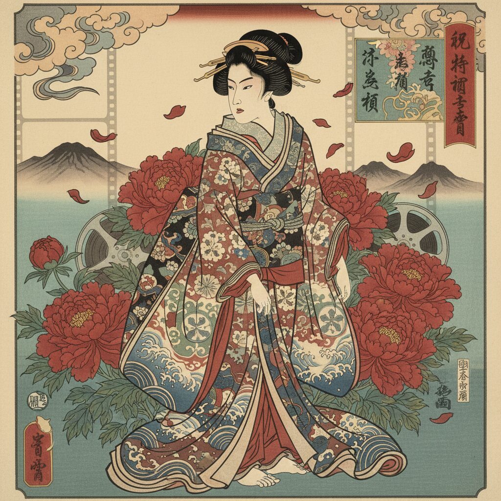 緋牡丹とフィルムを背景に凛とした表情で立つ和装の女性のイラスト