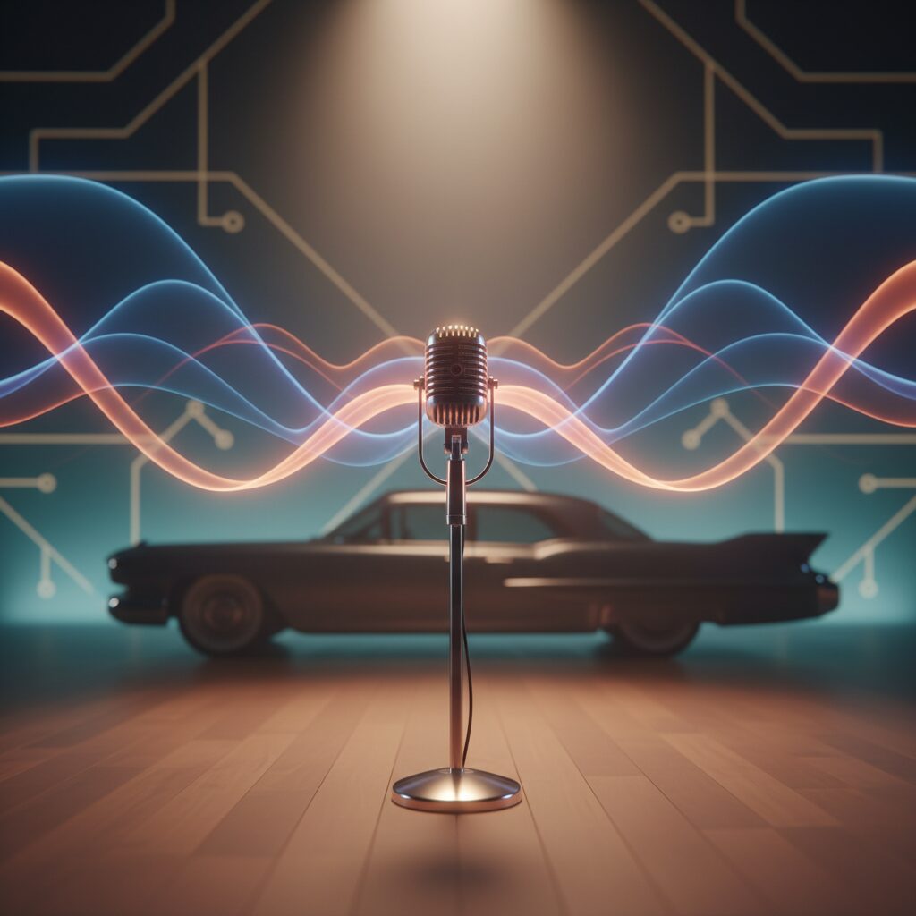 小林旭の力強い歌声と「アキラ節」を象徴するヴィンテージマイクと車のシルエット