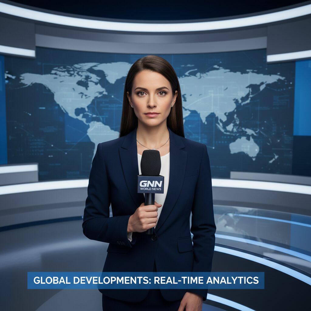 冷静で知的な表情の池田伸子アナウンサーが世界地図の前でマイクを持つ姿。