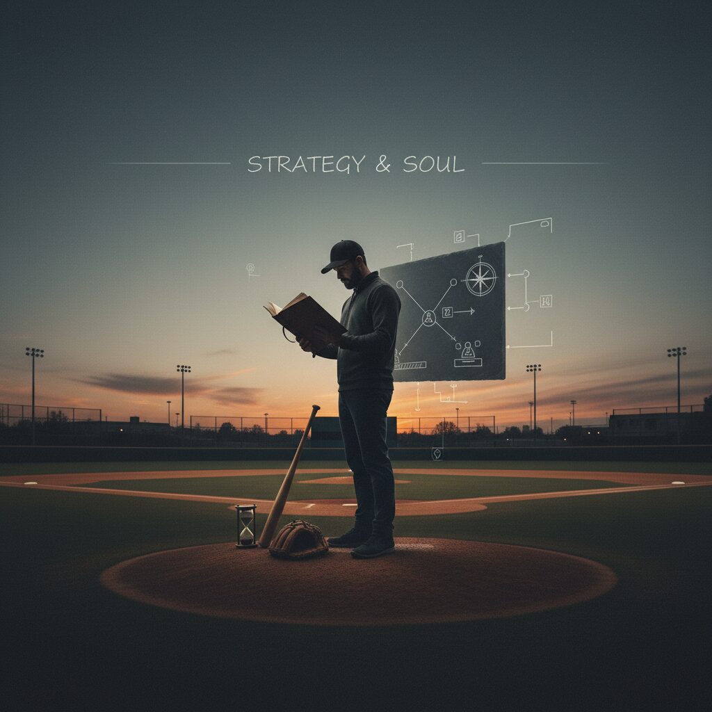 夕暮れの野球場に佇む人物がノートを見つめる風景、野村克也氏の知恵と戦略を象徴するイメージ