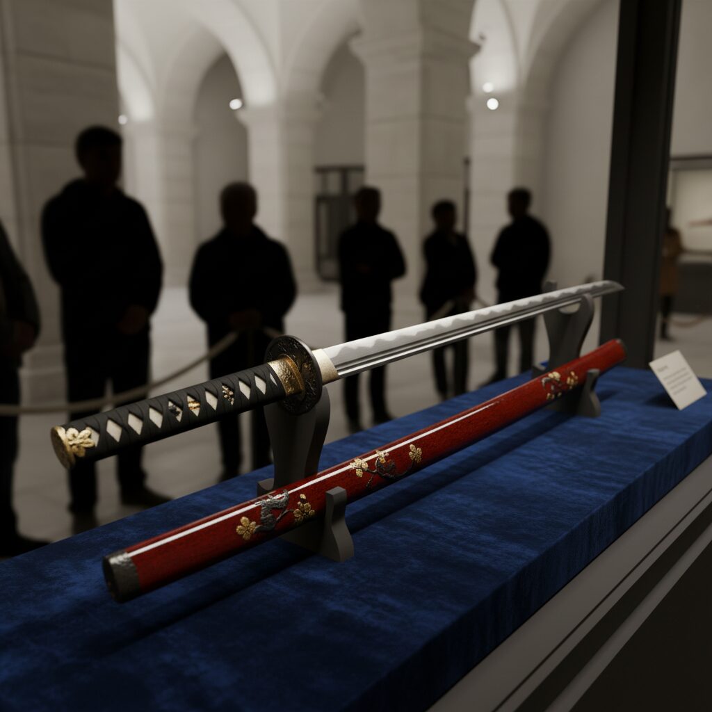 「見どころ学べる！目で観る刀の教科書展」で初公開された蜂須賀虎徹のイメージ画像。展示ケースに収められ、美しい刃文と刀身が際立っている。