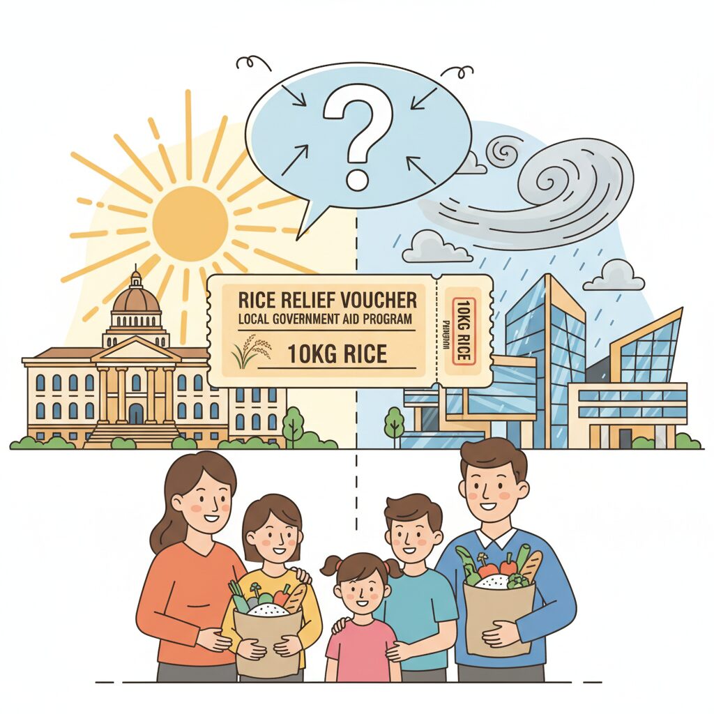 物価高騰対策としてお米券を配布する自治体と見送る自治体がある中で、住民がどう感じているかを表すイラスト。