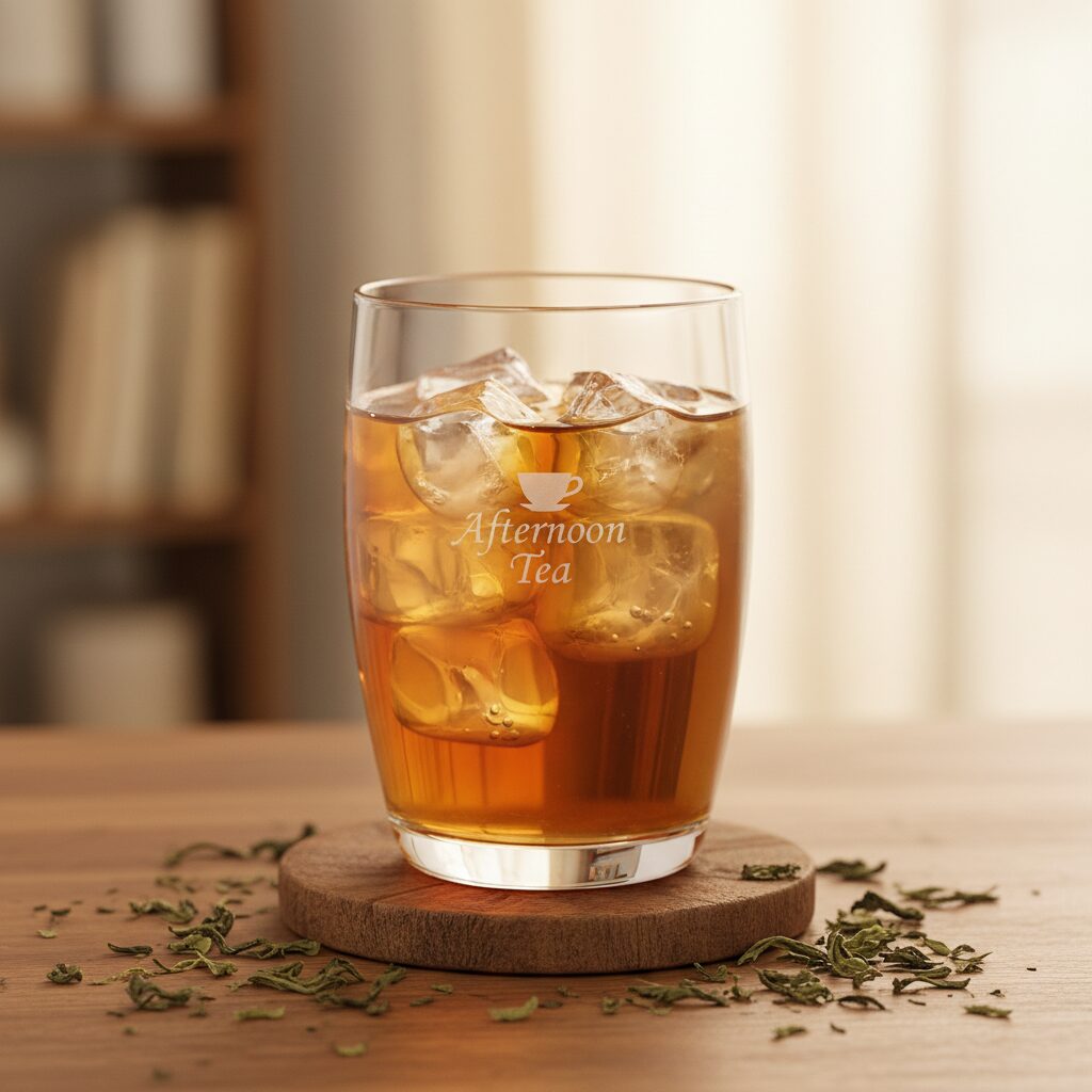 「午後の紅茶」ブランドの限定デザインタンブラーが、冷たい紅茶と氷で満たされている様子。