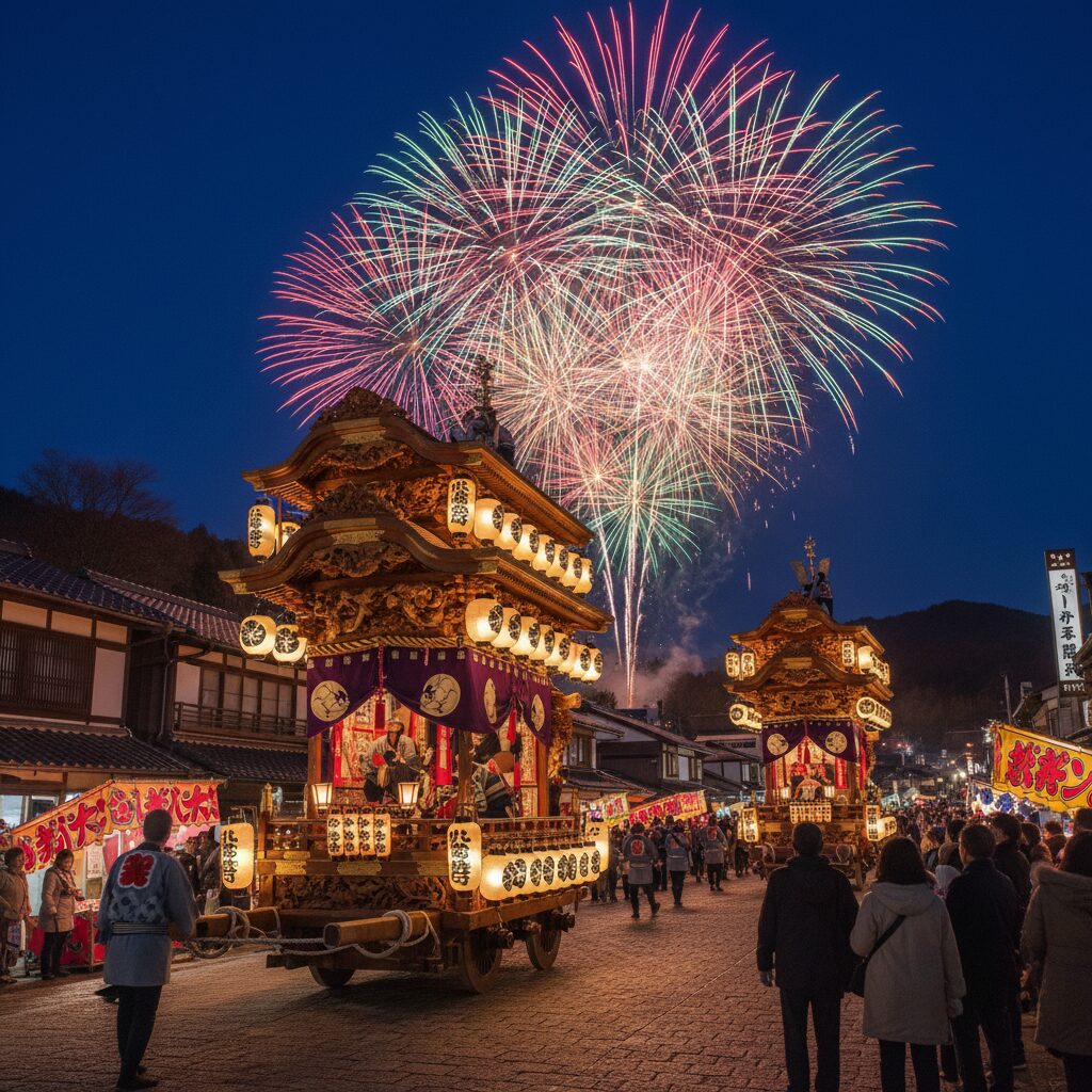 冬の夜空に花火が咲き乱れ、提灯で飾られた豪華な山車が曳き回される秩父夜祭の様子