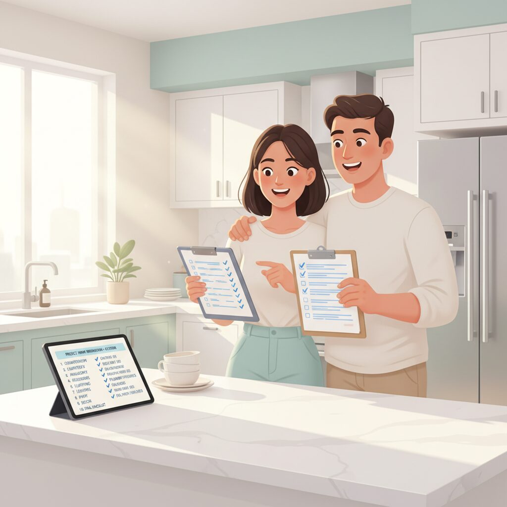 野々村友紀子の家事リストを夫婦で確認し、笑顔で家事分担する様子