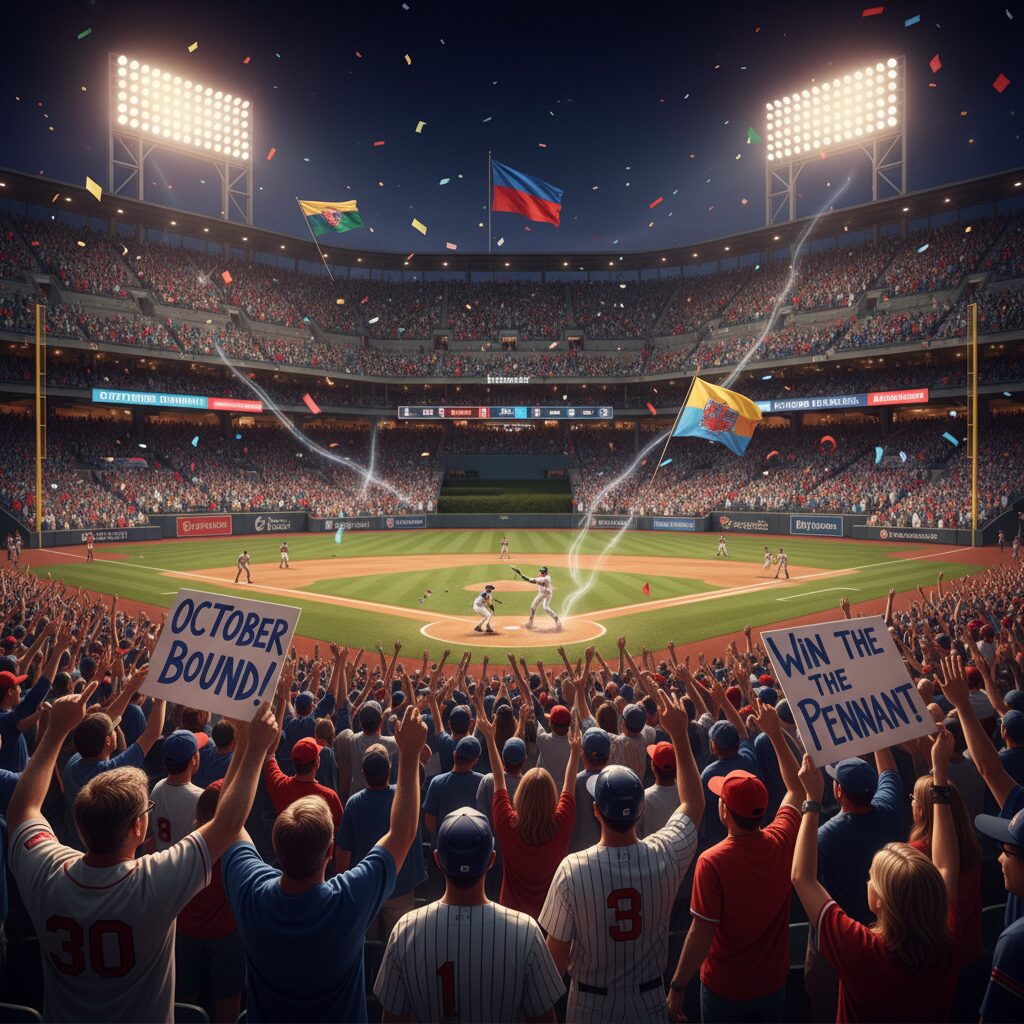 熱狂的なファンで埋め尽くされた野球場で、選手たちが真剣にプレーするペナントレースの様子