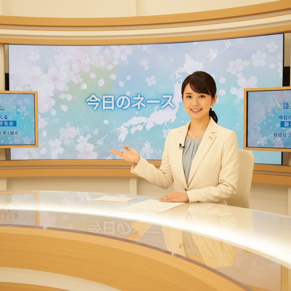テレビスタジオで笑顔を見せる女性アナウンサー