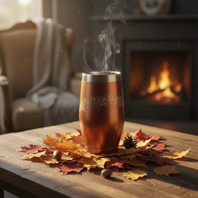 午後の紅茶タンブラーと温かい紅茶が置かれた秋の風景