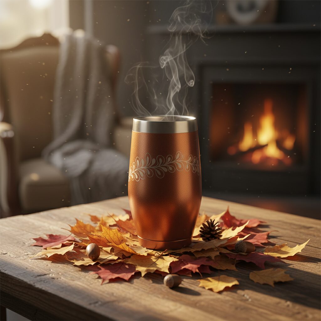 午後の紅茶タンブラーと温かい紅茶が置かれた秋の風景