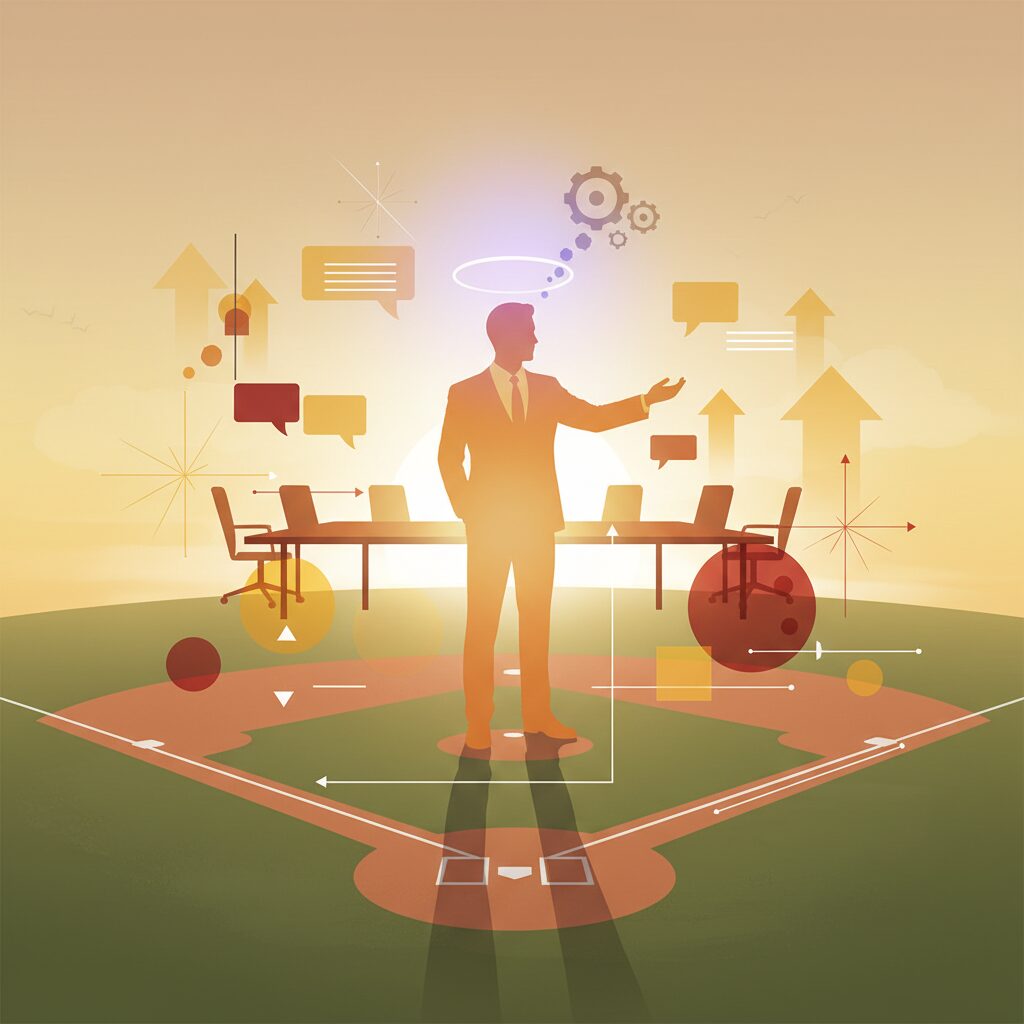 巨人軍監督退任後の原辰徳氏が、講演会や野球界のイベントで活躍する様子を表す画像