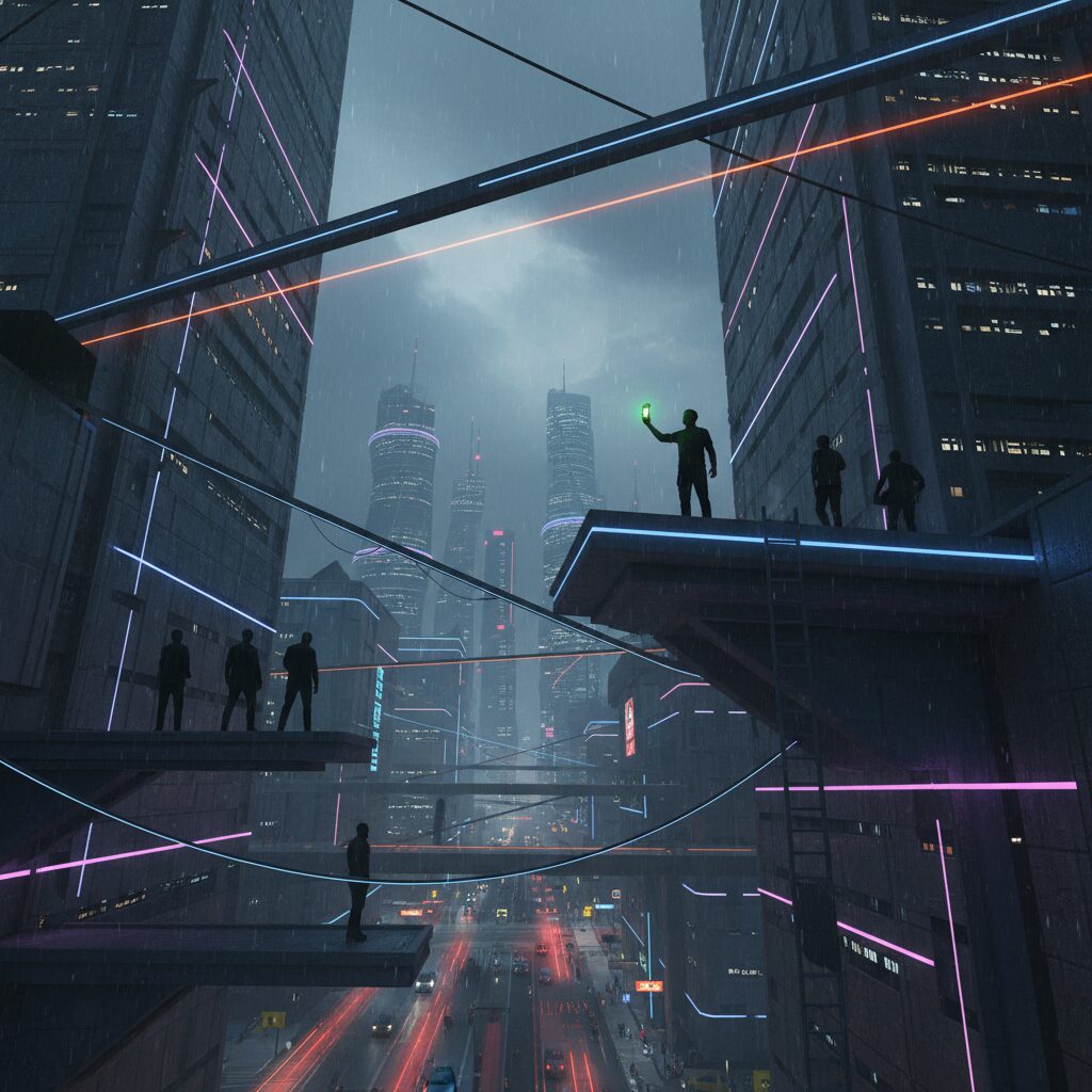 ネオン輝く未来都市の夜景を背景に、7人の影のような人影が立つ、ミステリアスな雰囲気のイラスト。