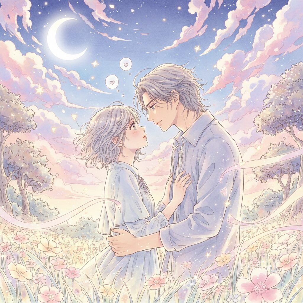 「うるわしの宵の月」の主人公、宵と市村先輩が月の下で向き合うロマンチックなイラスト。