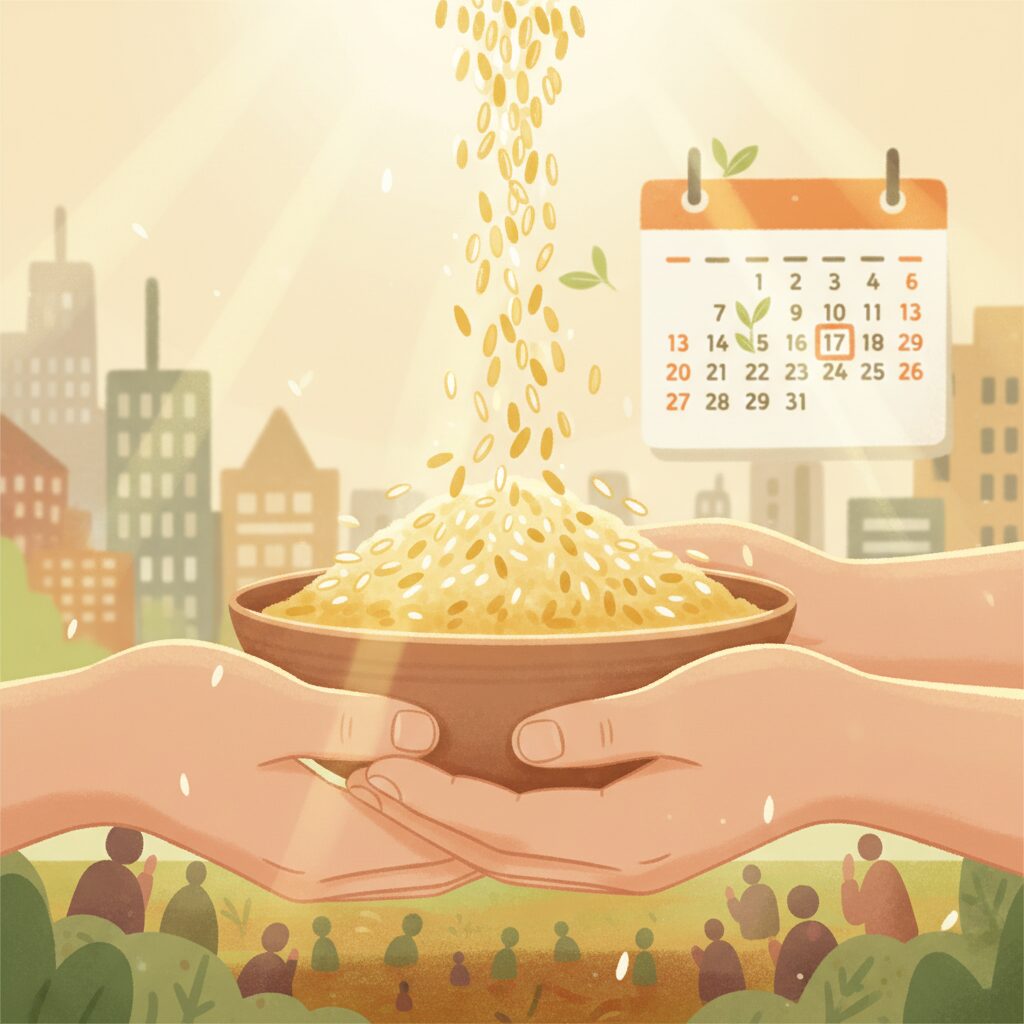 手に盛られたお米と、その背景にある都市のシルエット、お米券配布を象徴するイラスト。