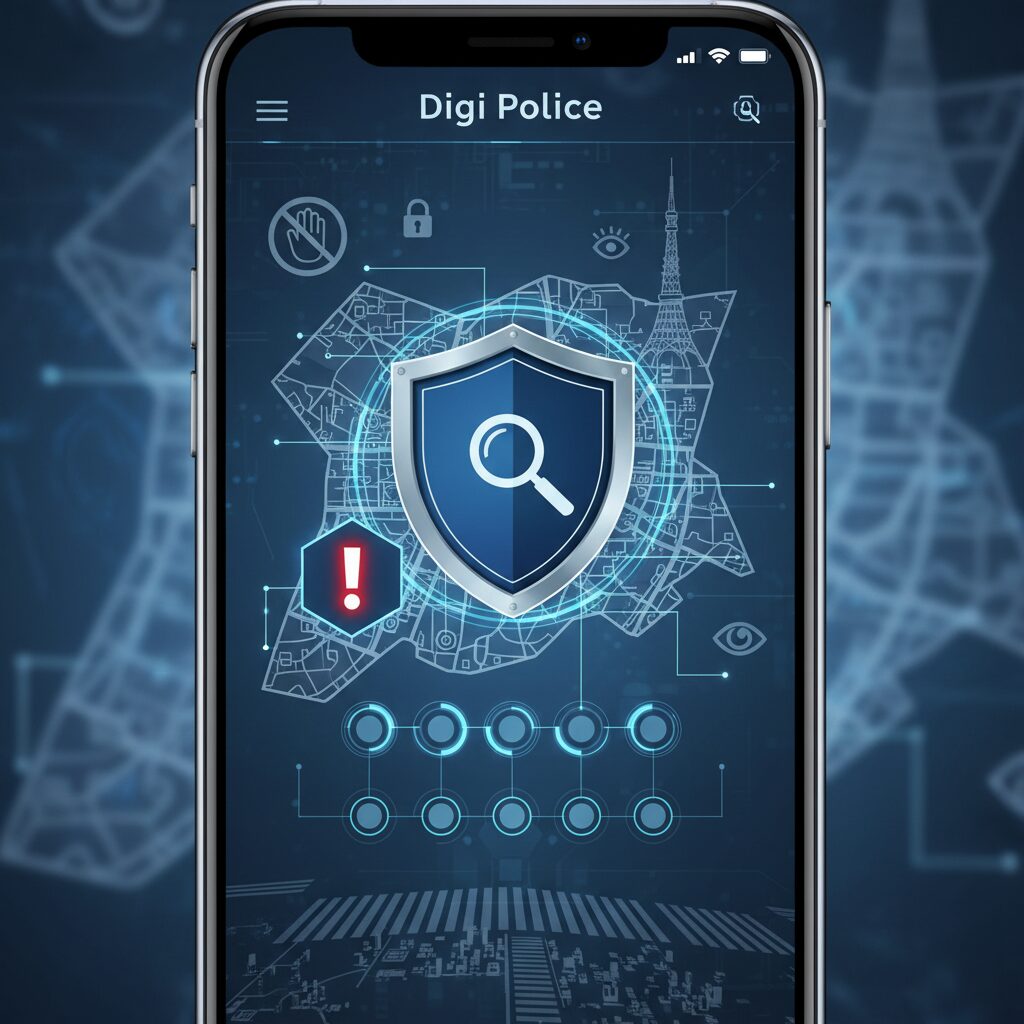 スマートフォンに表示されたデジポリスアプリの画面と、防犯を示すアイコン