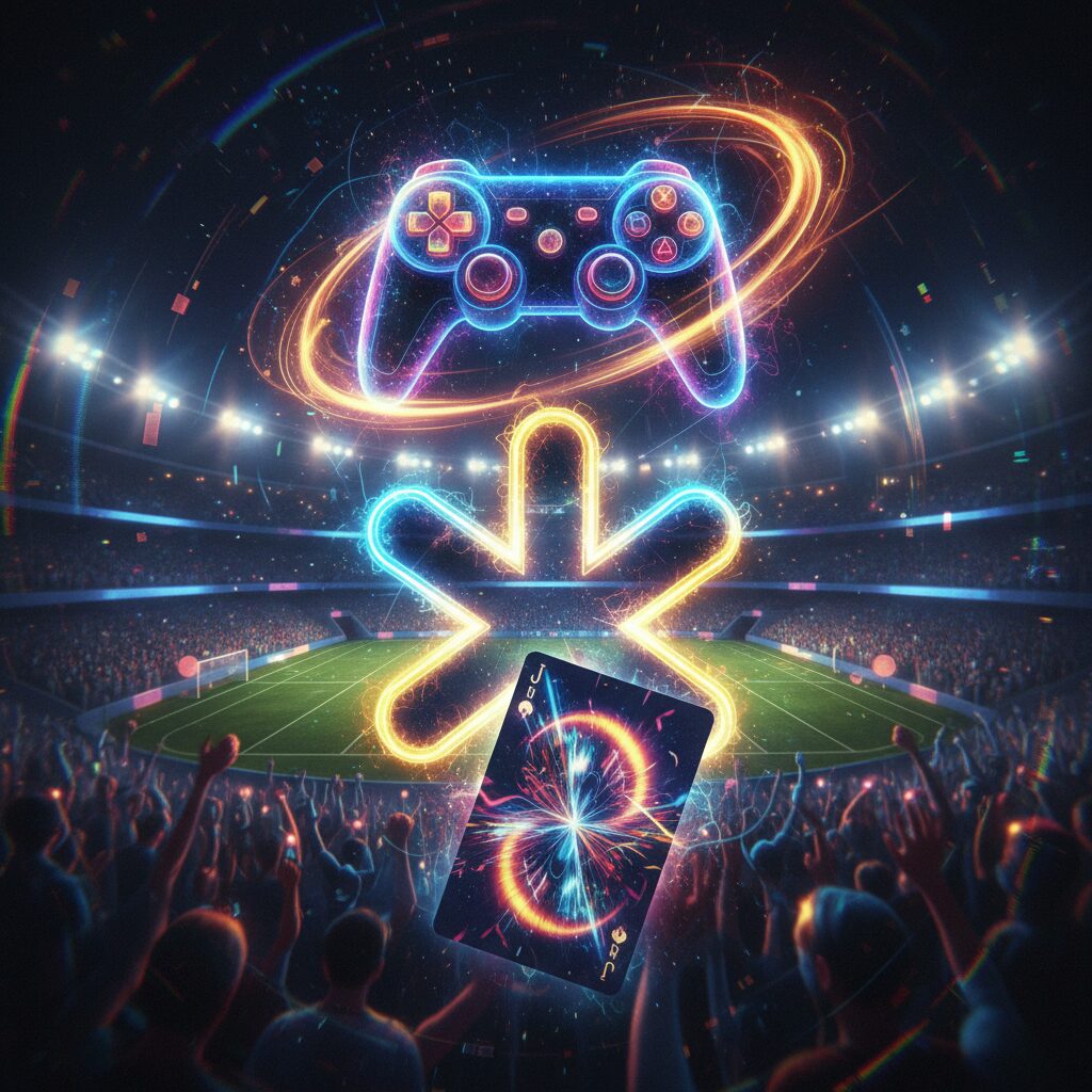 IT、スポーツ、ゲーム、カードゲームなど多様な分野で使われるワイルドカードのイメージ。