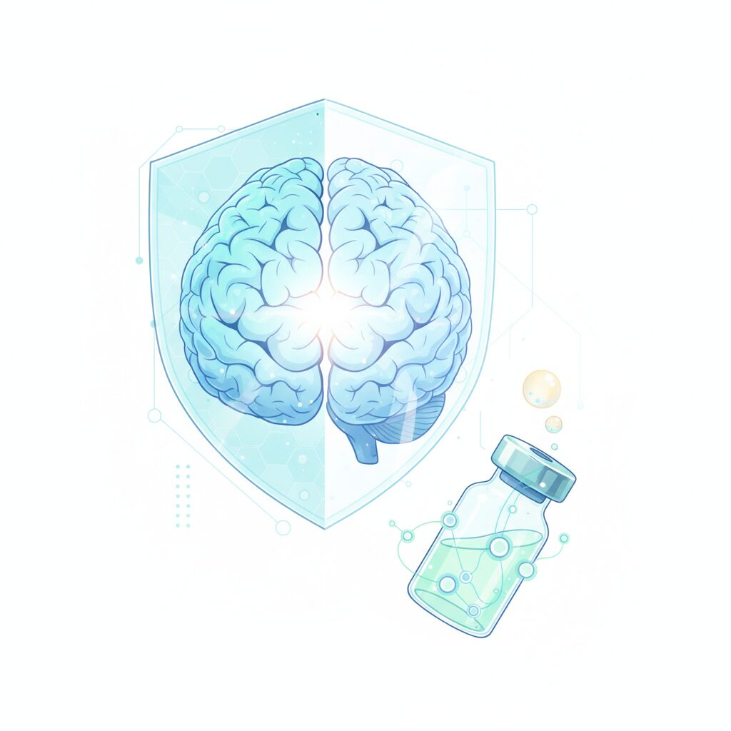 帯状疱疹ワクチンが認知症リスクを低減する可能性を示唆するイラスト。脳と保護シールド、ワクチンのイメージ。