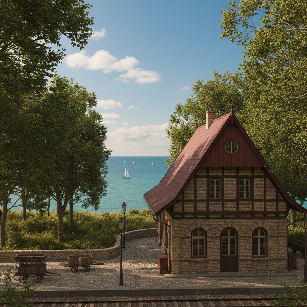 三角屋根が特徴的な大磯駅のレトロな駅舎と、その先に広がる青い空と緑豊かな自然。