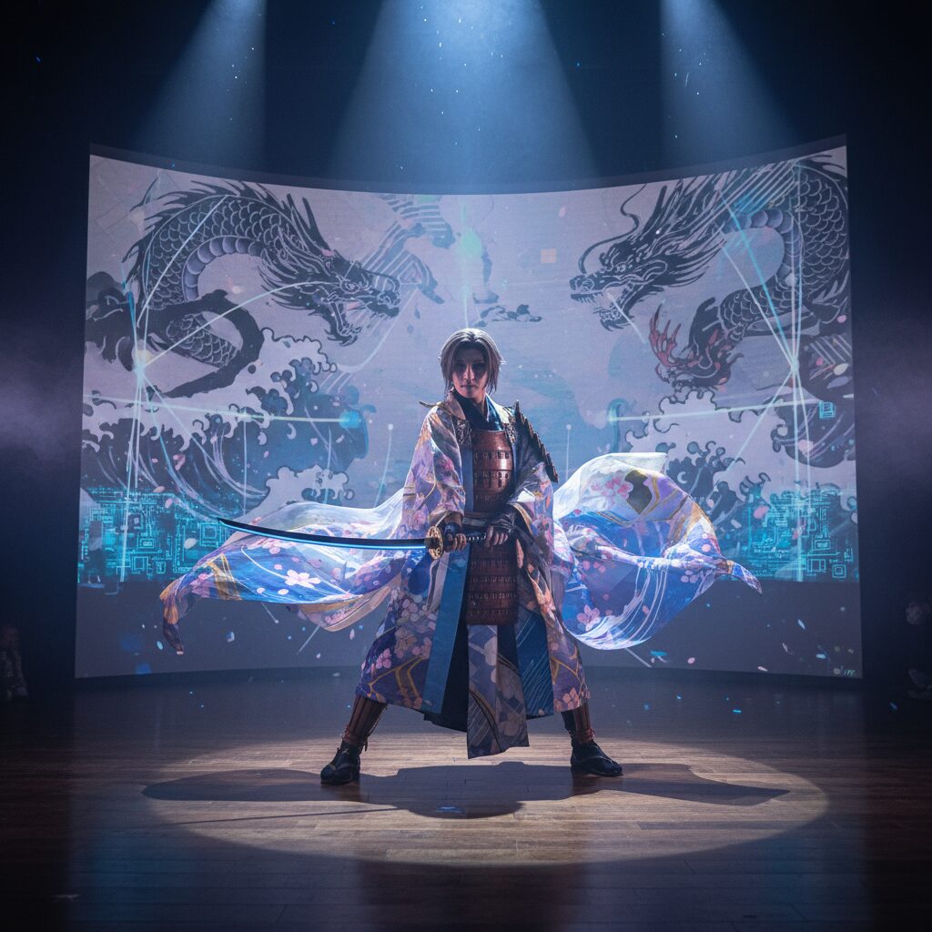 ミュージカル『刀剣乱舞』の舞台上で、優雅に刀を構える蜂須賀虎徹の姿。鮮やかな衣装と幻想的な照明が印象的。