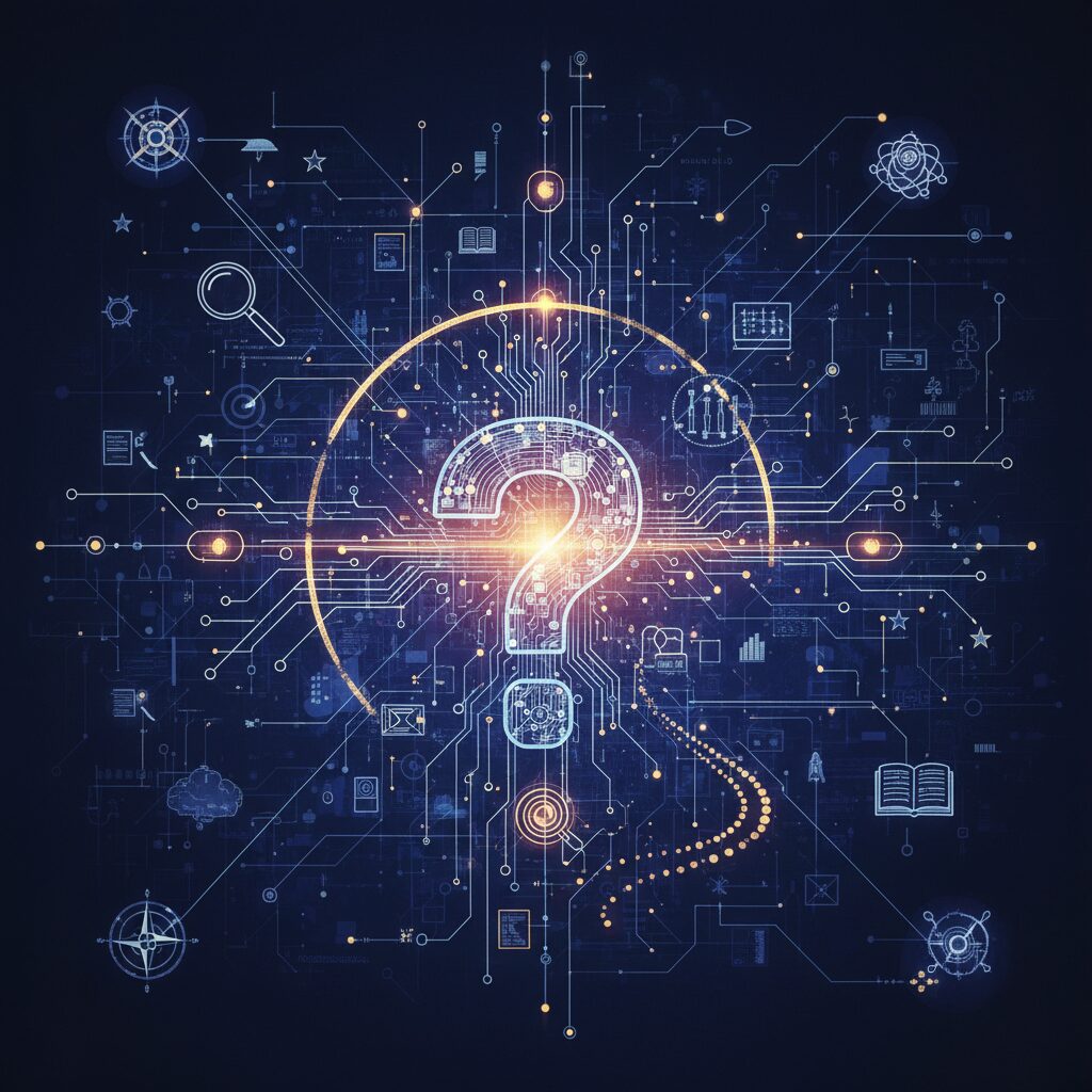 クエスチョンマークと情報ネットワークが描かれた、思考を深めるイメージ