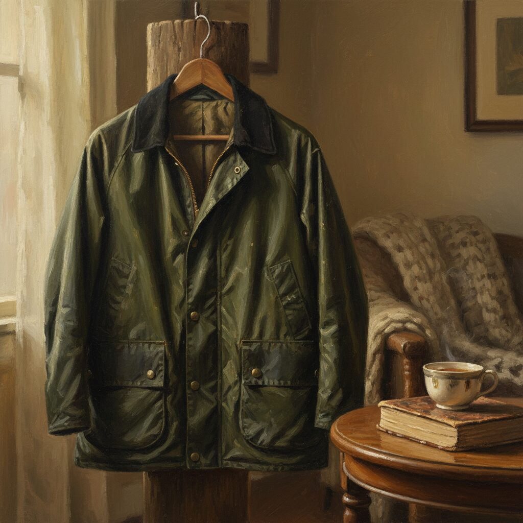 ヴィンテージ感のある室内で、経年変化したバブアーのワックスドコットンジャケットが吊るされている。