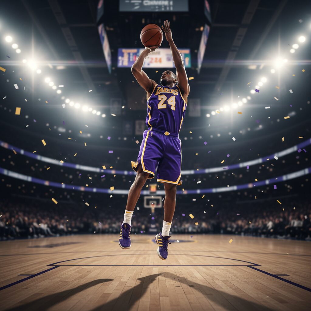 ロサンゼルス・レイカーズのユニフォームを着たバスケットボール選手がジャンプシュートをしているダイナミックな瞬間