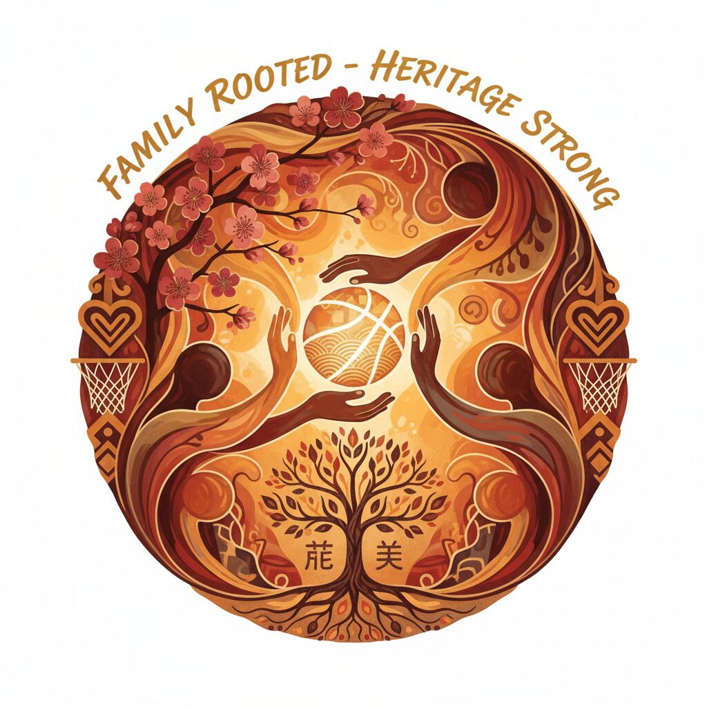 八村塁選手の多様なルーツを象徴する抽象的なイラスト。日本とベナンの文化的な要素が融合し、家族の絆とバスケットボールの情熱を表現している。