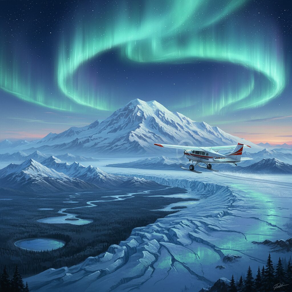 アラスカのデナリ山を背景に、氷河に着陸する小型飛行機とオーロラ
