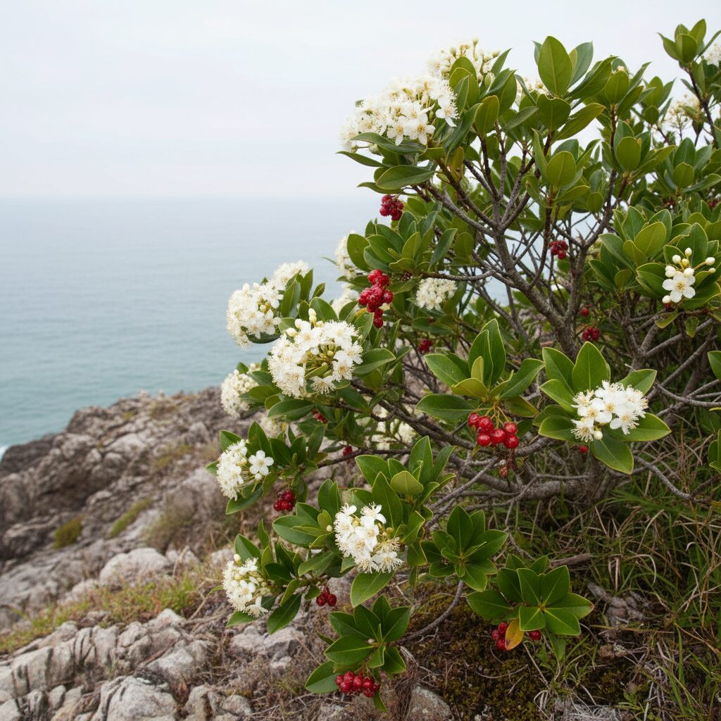 海岸沿いに咲くトベラの花と赤い実。魔除けの風習と独特の香りが特徴。