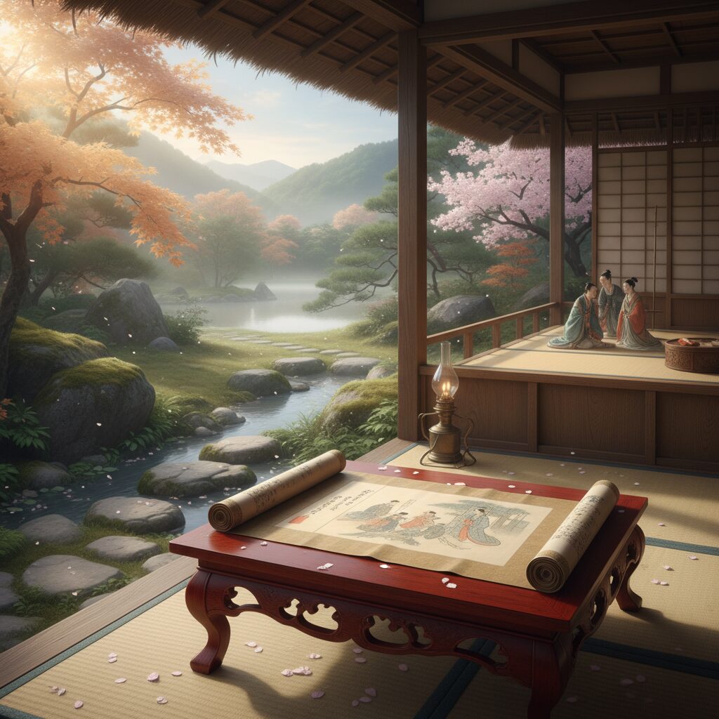 平安時代、庭園で『源氏物語』を読む菅原孝標女のイメージ