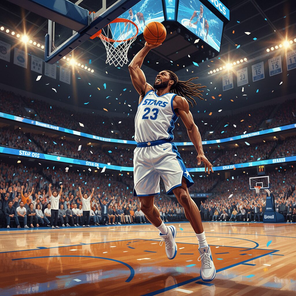 青と白のユニフォームを着た長身のバスケットボール選手がダンクを試みている。