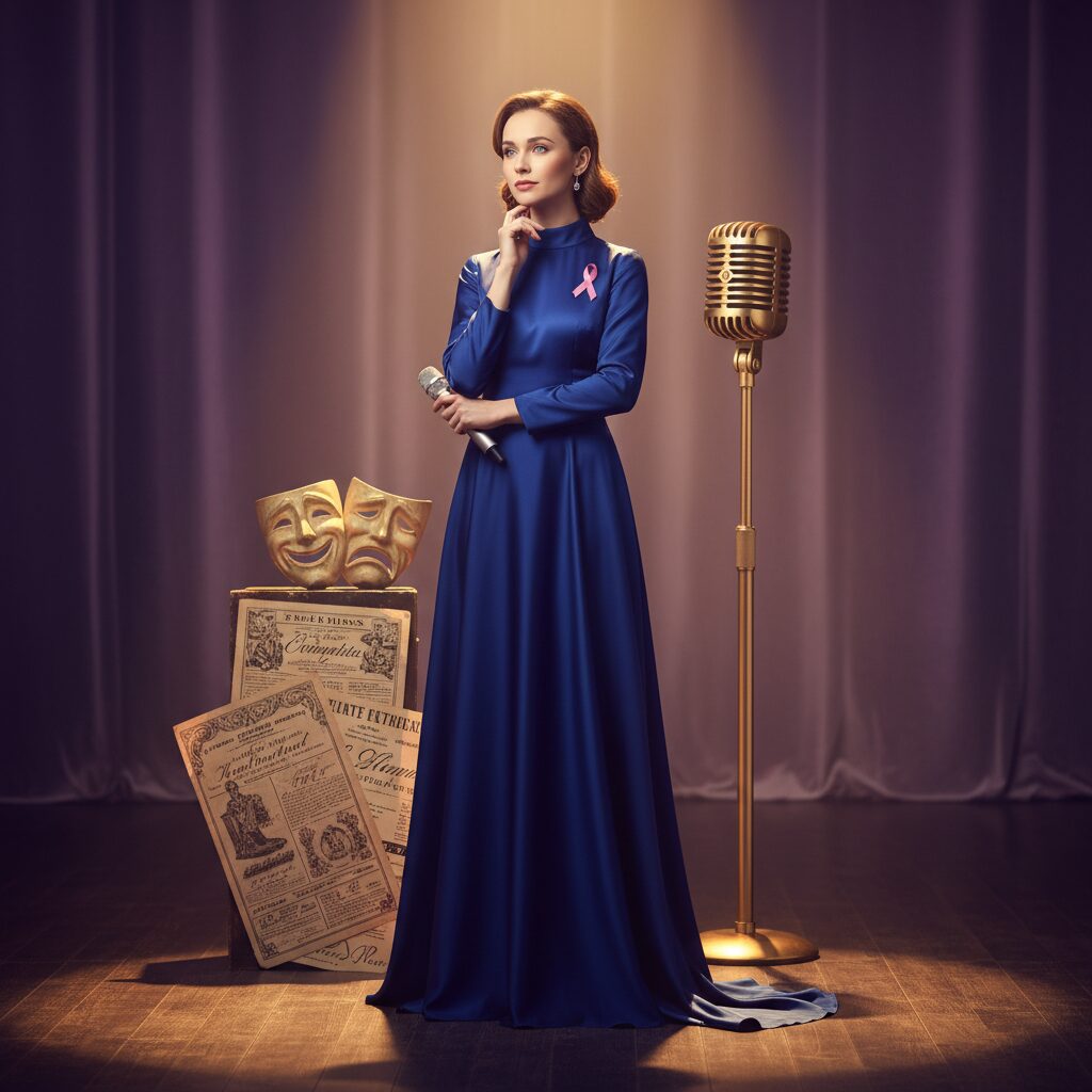 マイクと演劇のモチーフに囲まれた、知的な雰囲気の女性のイラスト。