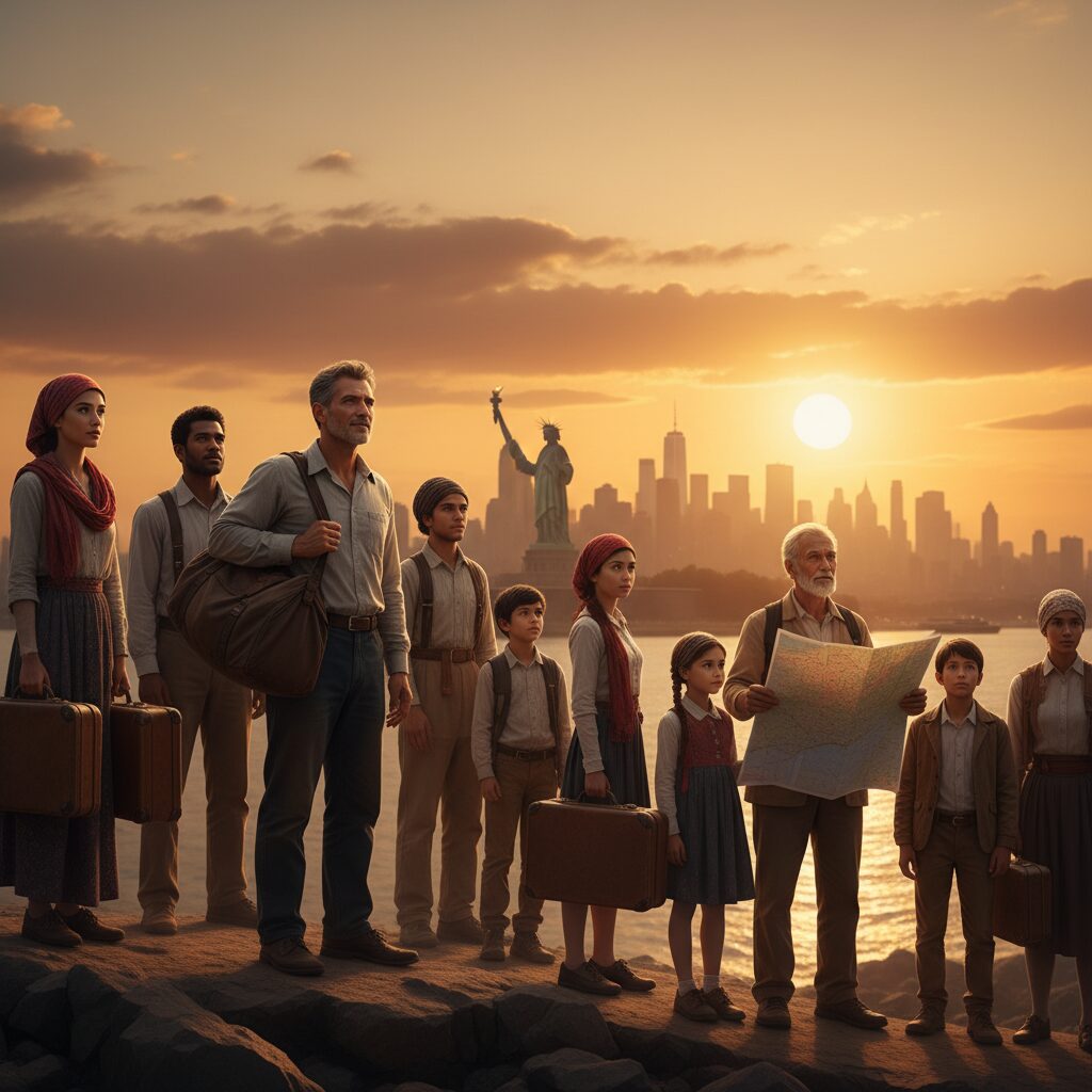 渡米を目指す多様な人々が自由の女神とNYのスカイラインを見上げるイラスト