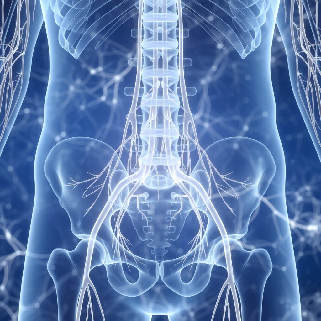 神経の経路を示す抽象的なイラストと腰椎の画像