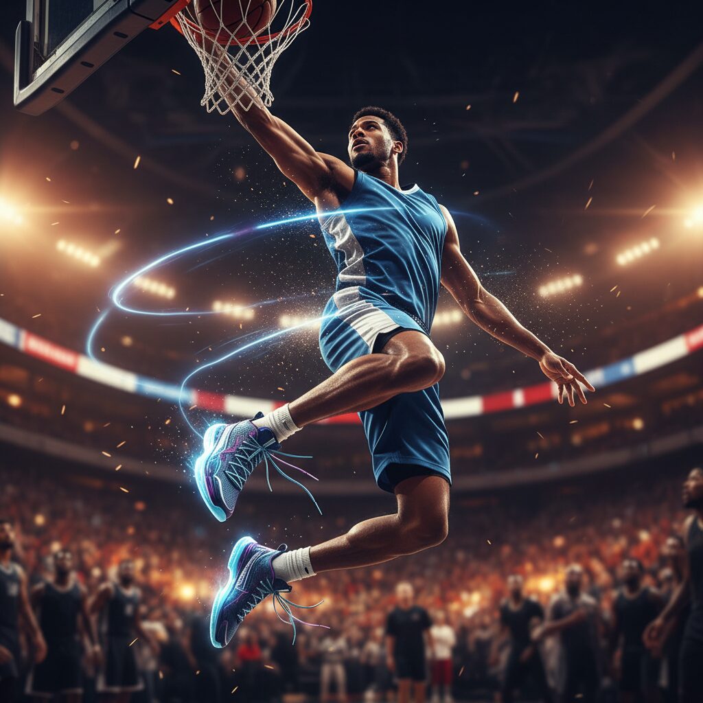 バスケットボール選手がジャンプしてシュートする瞬間、コートはぼやけている。エネルギッシュな雰囲気。足元にはスタイリッシュなスニーカー。