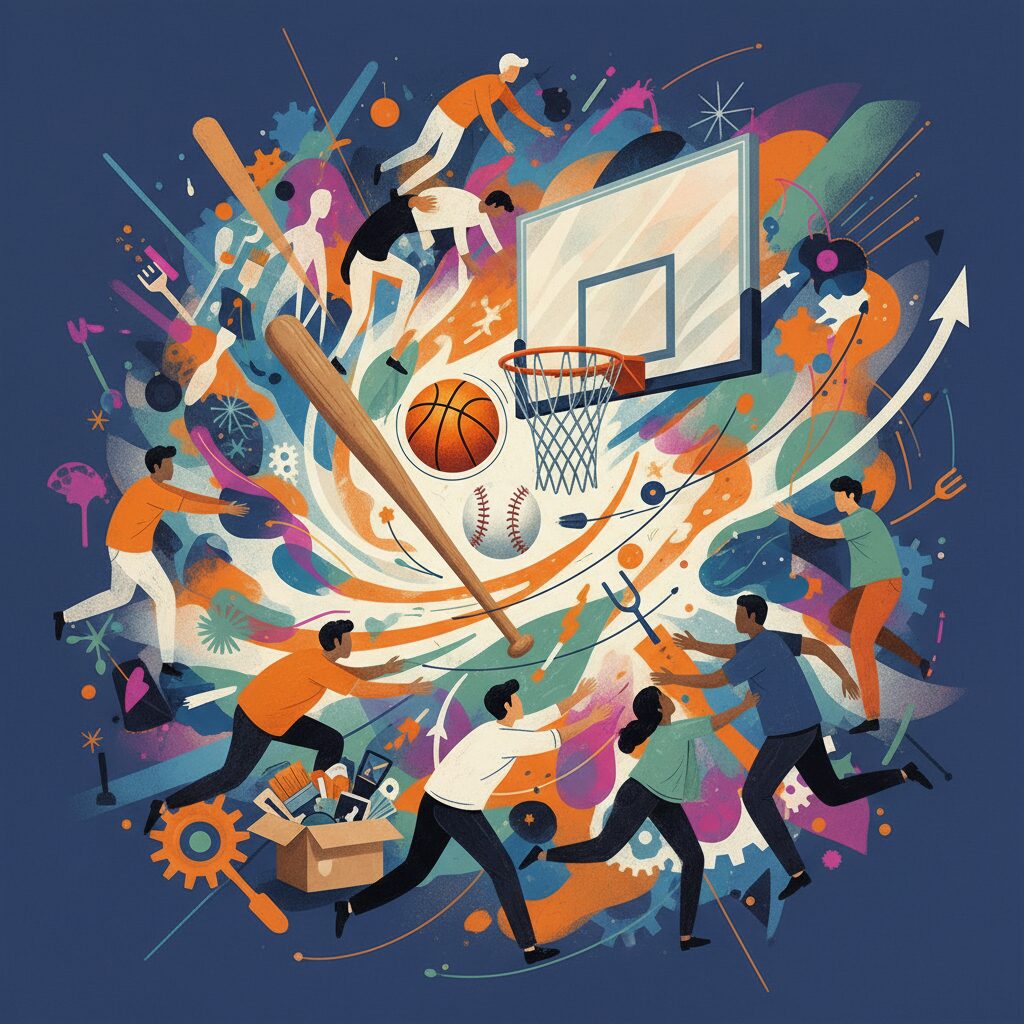 野球のバット、バスケットボールのゴール、地域活動のシンボルが融合した、スペンサー・ジョーンズの多岐にわたる活躍を表現したイラスト。