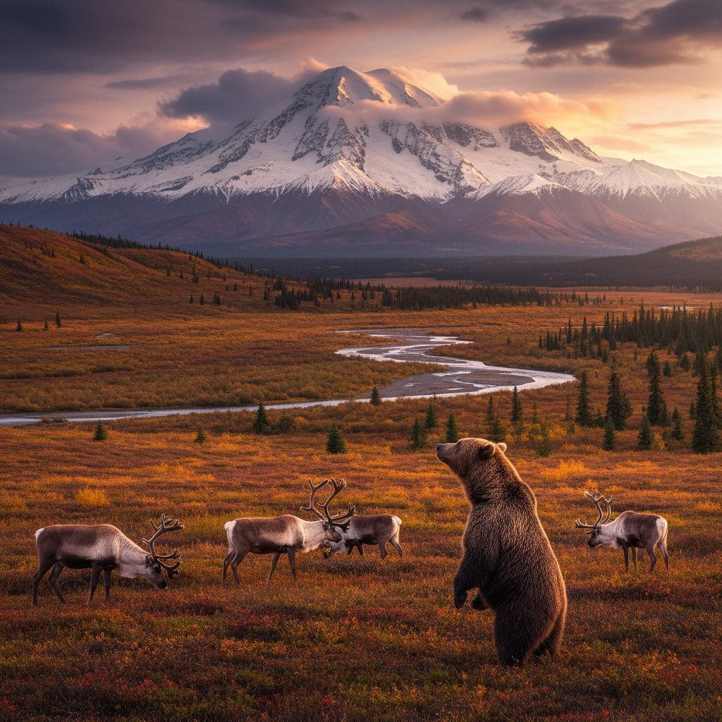 アラスカのデナリ国立公園と北米最高峰デナリ、グリズリーベアやカリブーなどの野生動物が写る壮大な風景