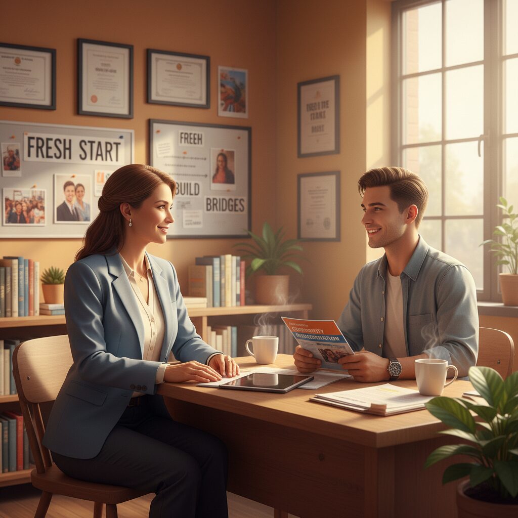 保護観察官が対象者と面談している様子。安定した公務員のイメージ。