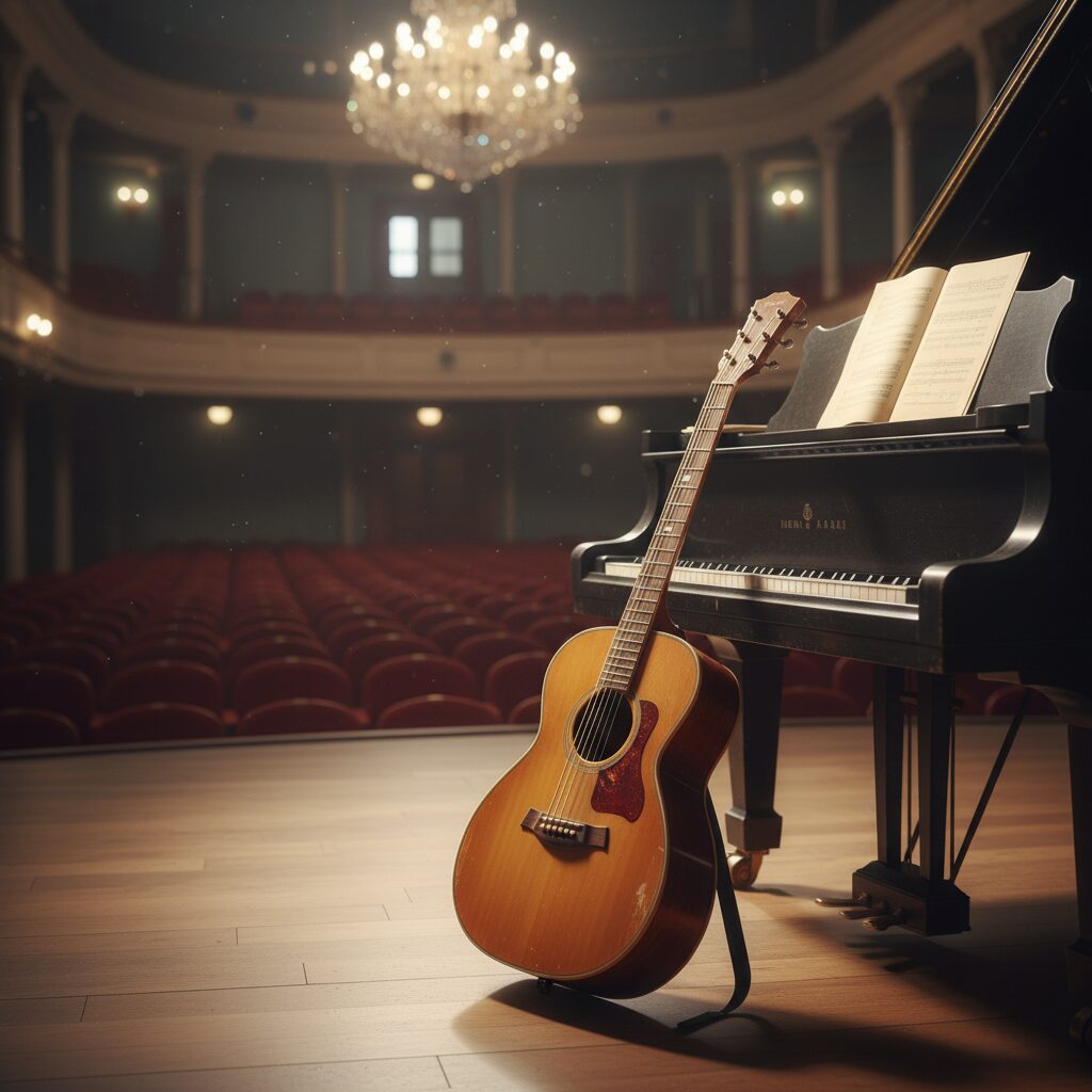 ビリー・バンバンの菅原孝さんの訃報を悼み、彼の音楽人生を象徴するギターとピアノが置かれた静かなコンサートホールのイメージ。