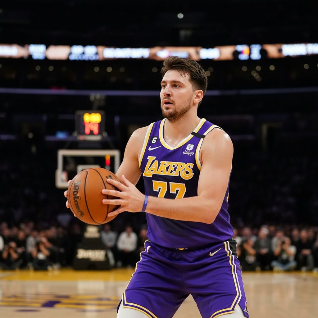 レイカーズのユニフォームを着てバスケットボールをプレーするルカ・ドンチッチ選手